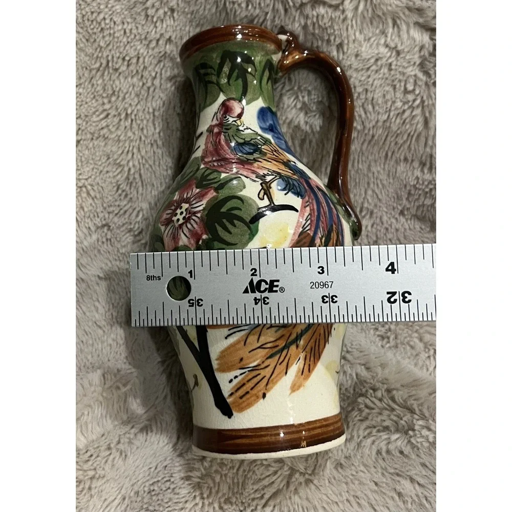 Vintage Hand‎ Painted Floral Peacock Pottery Jug Made in Japan 7.5
